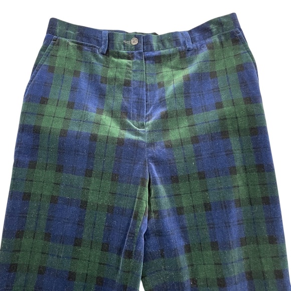 Lauren Ralph Lauren 10 Plaid Green Blue Velour Pants 100% Cotton Zipper - Picture 4 of 5